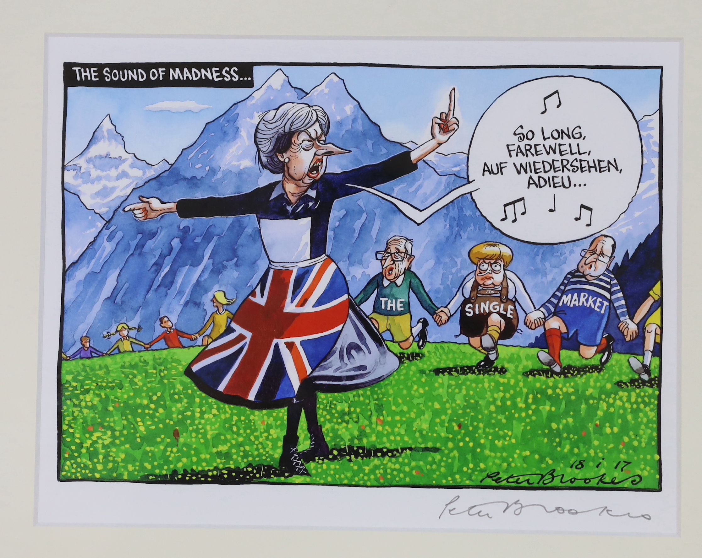 Peter Brookes (b.1943), three satirical colour prints, each signed in pencil, including ‘Johnnie Sleepwalker’ & ‘Theresa Goes to Austria, The Sound of no Deal’, 19.5 x 25.5cm